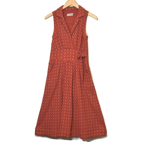 Anthropologie Elm Burnt Orange Eyelet Fit and Flare Sleeveless Midi Dress Size 2 - Picture 8 of 16